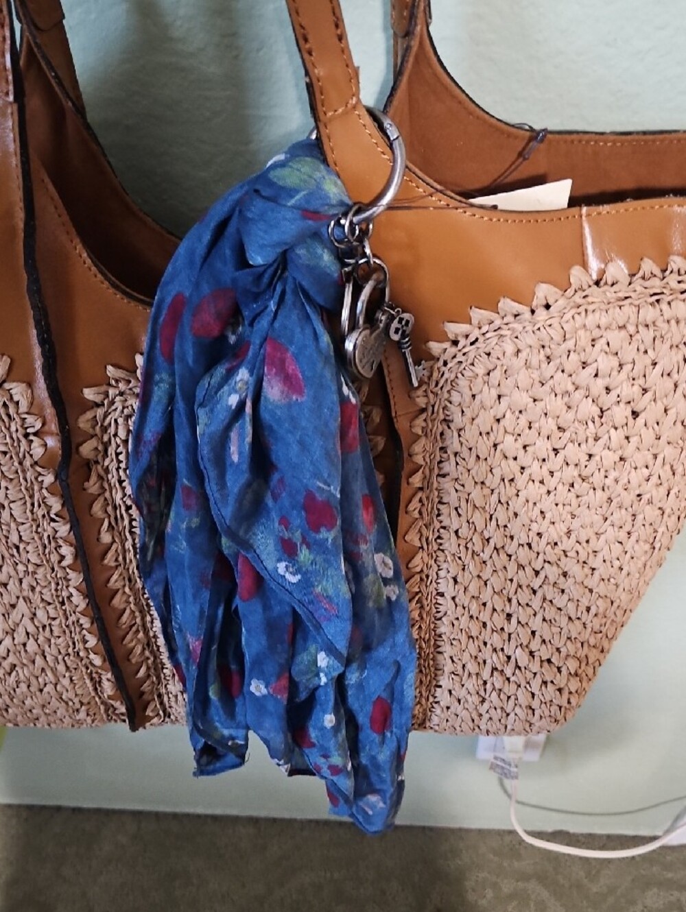 Patricia Nash Blue Strawberry Scarf Keyring with Heart And Key Accents
